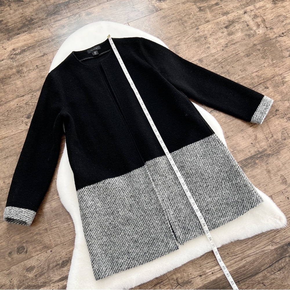 Tahari Wool Cardigan Jacket Colorblock Duster Jacket Black Grey Stripe Medium - Picture 14 of 16
